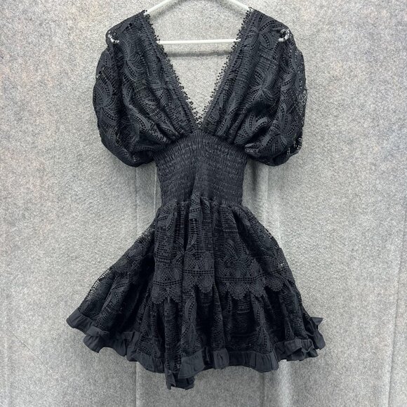 Waimari Dress Womens Medium Black Lace Puff Sleeve Mini Ruffle Hem Party - Picture 2 of 7